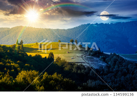 mountainous countryside landscape with rolling hills on summer solstice. day and night time change concept. rural area with sun and moon at twilight. beautiful view for equality and shift template mountainous countryside landscape with rolling hills on summer solstice. day and night time change concept. rural area with sun and moon at twilight. beautiful view for equality and shift template 134599136