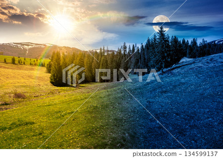 meadow and forest in mountain landscape. day and night time change concept. snow capped ridge with sun and moon at twilight. wonderful spring countryside with cloud on sky. equality and shift template meadow and forest in mountain landscape. day and night time change concept. snow capped ridge with sun and moon at twilight. wonderful spring countryside with cloud on sky. equality and shift template 134599137