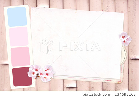 Horizontal background with swatch color strip and sakura flower on bamboo texture. Moodboard pictures album for scrapbooking. Vintage style spring mood board layout. Sakura blossoming season in Japan Horizontal background with swatch color strip and sakura flower on bamboo texture. Moodboard pictures album for scrapbooking. Vintage style spring mood board layout. Sakura blossoming season in Japan 134599163