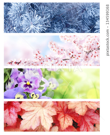 Four season of year. Set of horizontal nature banners. Each one features scene of nature, from the gentle snowfall of winter to the vibrant leaves of summer. Perfect for showcasing changing seasons 134599168