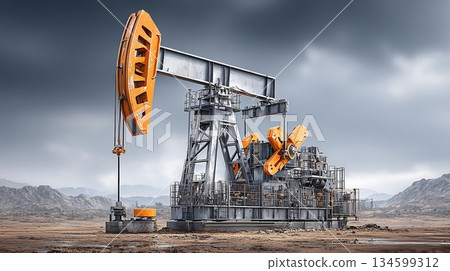 Oil pump jack in a barren, mountainous landscape under a cloudy sky 134599312