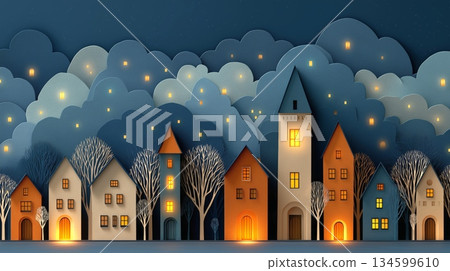 Stylized paper-cut village at night with illuminated houses and glowing windows among dark and light blue paper clouds 134599610