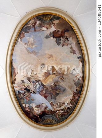 Coronation of Mary, by Giambattista Tiepolo, ceiling of the Church of the Pieta or St Mary of the Visitation in Venice, Italy 134599641