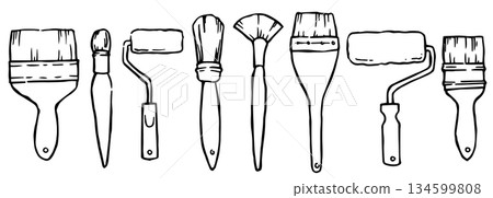A set of brushes and rollers for painting walls and repairs. Vector illustration in doodle style. 134599808