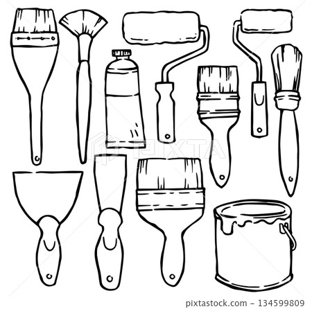 A set of brushes and rollers for painting walls and repairs. Vector illustration in doodle style. A set of brushes and rollers for painting walls and repairs. Vector illustration in doodle style. 134599809
