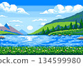 Summer landscape with river and flower field on mountain and blue sky background pixel art, classic game. 134599980