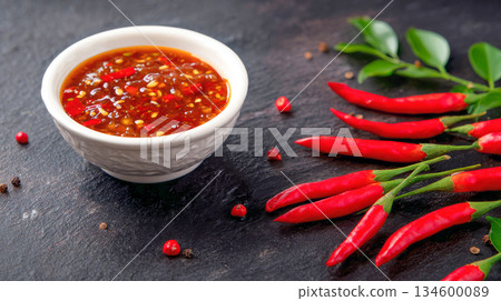 Spicy chili sauce with fresh red chilies and peppercorns, perfect for malatang or other hot and savory Chinese dishes 134600089