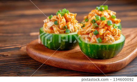 Three cucumber cups, each holding a vibrant, orange-hued shredded crab or chicken mixture, garnished with fresh green onions, on a wooden board 134600092