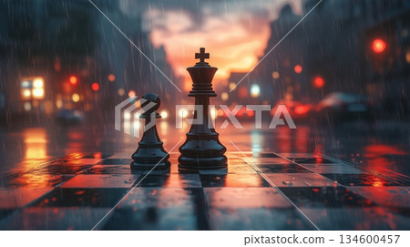 A lone chess king stands on a rain-swept board in a city at sunset 134600457