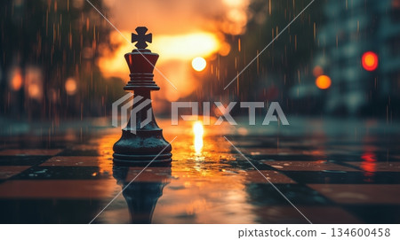A lone chess king stands on a rain-swept board in a city at sunset 134600458