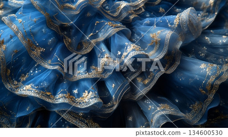 Dreamy layers of blue fabric with golden embroidery 134600530