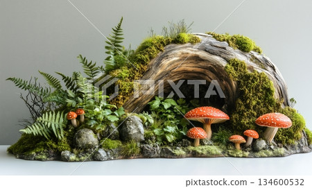 Enchanted Forest Scene with Moss-Covered Log, Ferns Enchanted Forest Scene with Moss-Covered Log, Ferns 134600532