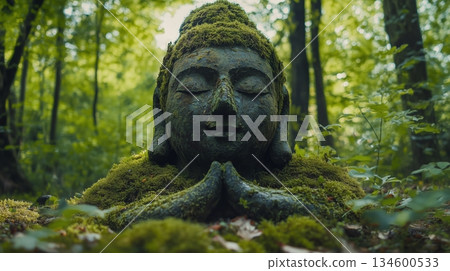 Enigmatic and mystical moss-covered forest statue 134600533