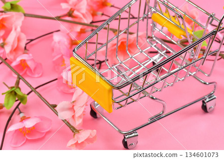 Image of shopping for a new life with a cart and cherry blossoms Image of shopping for a new life with a cart and cherry blossoms 134601073