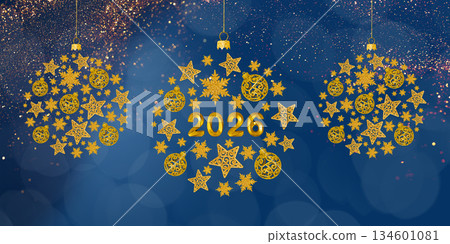 Christmas and New Year's composition in the shape of a golden ball on a Christmas tree made of decorative elements in the form of snowflakes, stars, balls, and the number 2026 134601081