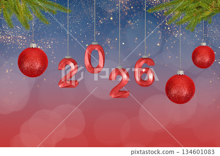 Christmas decorative tree ornaments in the shape of red balls and numerals 2026 on a string on a blue background. Christmas and New Year card for 2026. 134601083