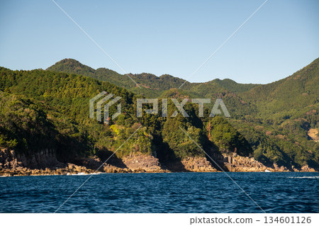 三重縣熊野市:蔚藍的大海和綿延至熊野海的柱狀節理所構成的海岸景觀 三重縣熊野市:蔚藍的大海和綿延至熊野海的柱狀節理所構成的海岸景觀 134601126