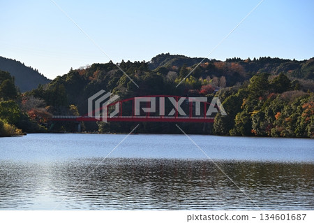 千葉縣龜山湖上的豐田橋，冬天傍晚 134601687