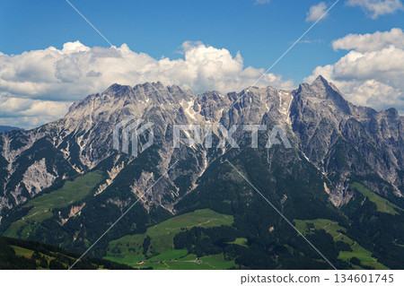 Leogang Mountains Leoganger Steinberge with highest peak Birnhorn, idyllic summer landscape Alps, Zell am See district, Salzburg federal state, Austria Leogang Mountains Leoganger Steinberge with highest peak Birnhorn, idyllic summer landscape Alps, Zell am See district, Salzburg federal state, Austria 134601745