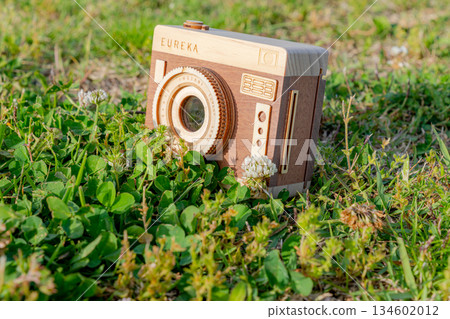 木製相機放置在草地上 134602012