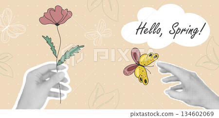 Collage style banner Hello Spring 134602069