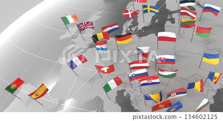 Europe - countries' borders and flags - 3D illustration 134602125