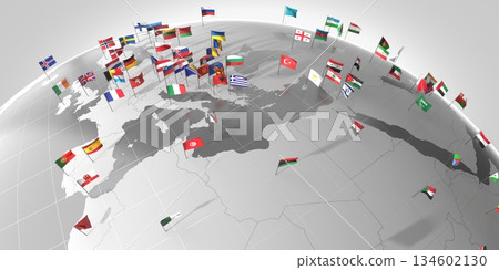 Mediterranean sea countries' borders and flags - 3D illustration 134602130
