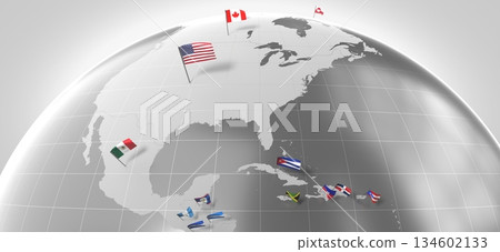 North America - countries' borders and flags - 3D illustration North America - countries' borders and flags - 3D illustration 134602133