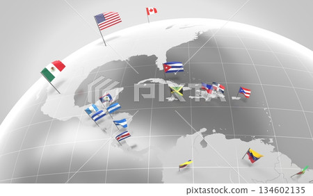 North, Central and South America - countries' borders and flags - 3D illustration North, Central and South America - countries' borders and flags - 3D illustration 134602135