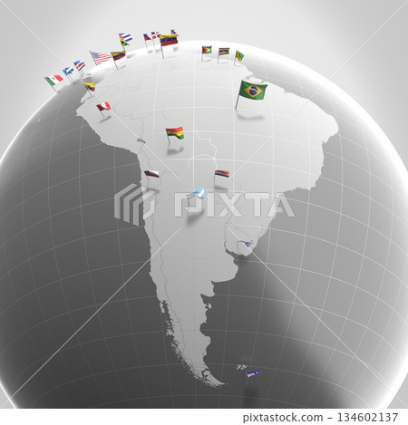 South America countries' borders and flags - 3D illustration 134602137