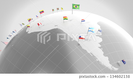 South America countries' borders and flags - 3D illustration 134602138