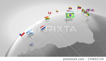 South America countries' borders and flags - 3D illustration 134602139