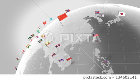 Asia - countries' borders and flags - 3D illustration 134602141