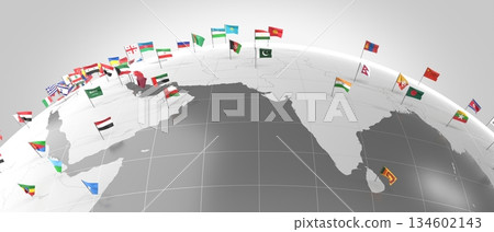 Asia - countries' borders and flags - 3D illustration 134602143