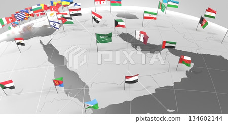 Arab Peninsula - countries' borders and flags - 3D illustration 134602144
