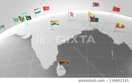 Asia - countries' borders and flags - 3D illustration 134602145