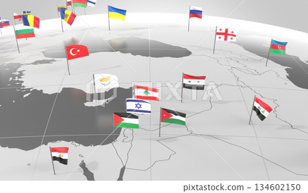 Middle East - countries' borders and flags - 3D illustration 134602150