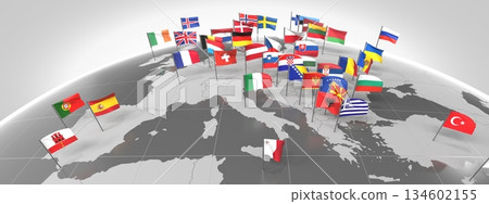 Europe - countries' borders and flags - 3D illustration 134602155