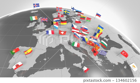 Europe - countries' borders and flags - 3D illustration Europe - countries' borders and flags - 3D illustration 134602156