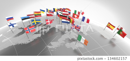 Europe - countries' borders and flags - 3D illustration Europe - countries' borders and flags - 3D illustration 134602157