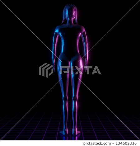 Woman hologram, back view - 3D illustration Woman hologram, back view - 3D illustration 134602336