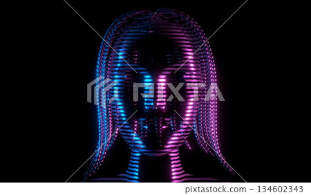Woman hologram - close-up on head - 3D illustration Woman hologram - close-up on head - 3D illustration 134602343