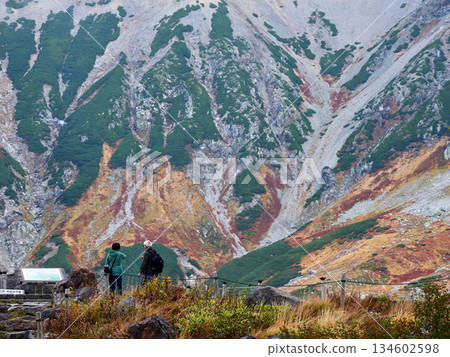Autumn tourist attraction Tateyama Kurobe Alpine Route Murodo summit with people tourists and mountain scenery Autumn tourist attraction Tateyama Kurobe Alpine Route Murodo summit with people tourists and mountain scenery 134602598