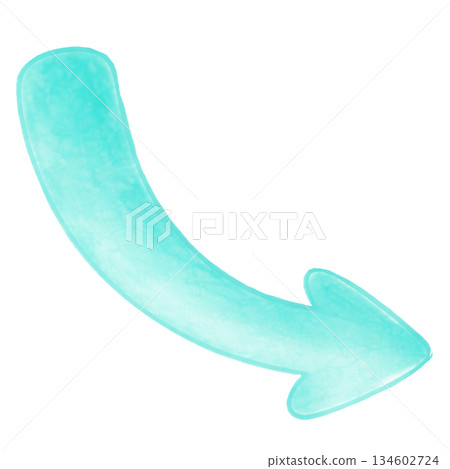 水彩風格的彎曲箭頭指向右下方，亮蒂芙尼藍色，透明背景 134602724