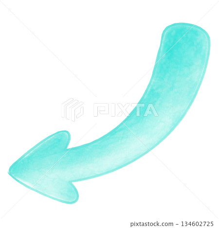 水彩風格的彎曲箭頭指向左下方，亮蒂芙尼藍色，透明背景 134602725