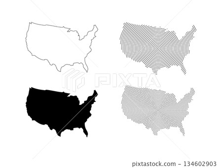 United States Map Set with Outline, Solid Silhouette, Circular Line and Dot Pattern Design. United States Map Set with Outline, Solid Silhouette, Circular Line and Dot Pattern Design. 134602903