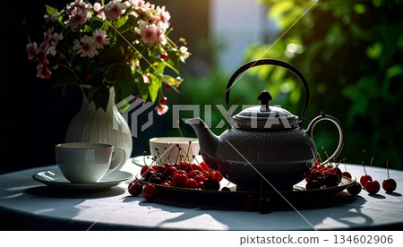 tea with teapot and flowers tea with teapot and flowers 134602906