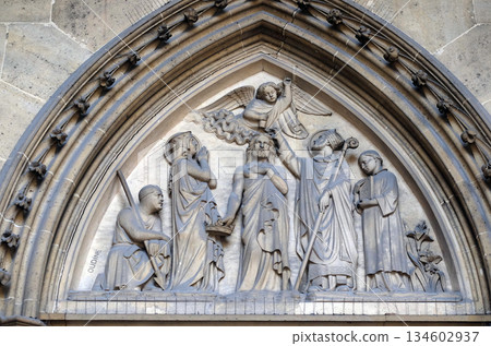 Bass relief on the portal of the Basilica of Saint Clotilde in Paris, France 134602937