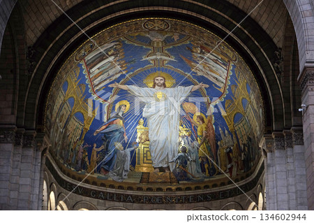 Christ in Majesty is surrounded by the Virgin Mary, Joan of Arc and St. Michael, mosaic by Luc-Olivier Merson, Basilica of the Sacred Heart of Jesus in Paris Christ in Majesty is surrounded by the Virgin Mary, Joan of Arc and St. Michael, mosaic by Luc-Olivier Merson, Basilica of the Sacred Heart of Jesus in Paris 134602944