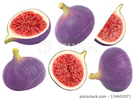 Figs isolated set. Ripe fig, half and slice of fig on white background without shadow. Figs isolated set. Ripe fig, half and slice of fig on white background without shadow. 134602971